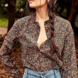 Doen Sman Top in Petite Jardin Floral Ruffle Collar Button Cotton Top - XSmall